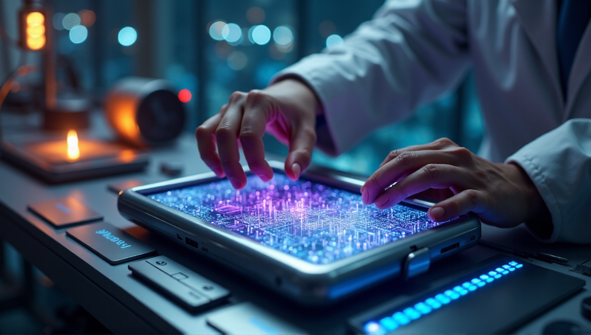 A futuristic laboratory scene featuring an engineer working on a computer system with a cryptocurrency wallet displaying interconnected blockchain chains in the foreground.