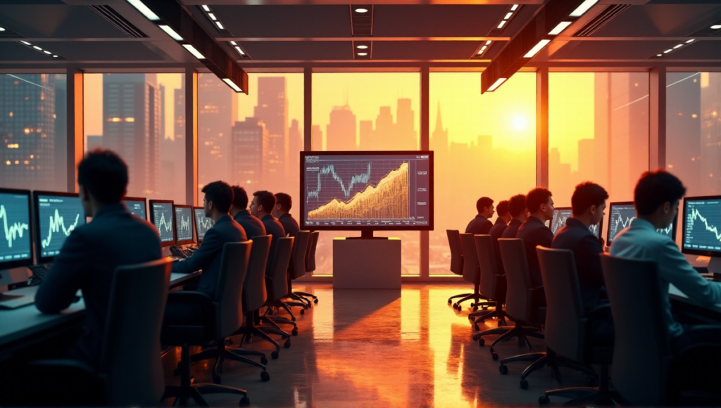 "A trading floor scene with traders focused on screens displaying blockchain market data, set against a warm cityscape at dusk."
