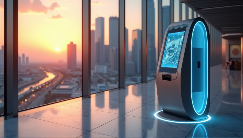 "A serene financial hub scene at dusk featuring a sleek cryptocurrency exchange terminal with LED screens, surrounded by glass and metal surfaces, reflecting off a polished marble floor."