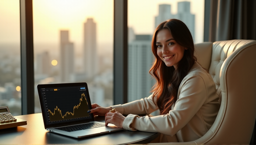 "A young woman sits confidently in a luxurious office, surrounded by financial tools and a sleek laptop displaying blockchain-inspired cryptocurrency values."