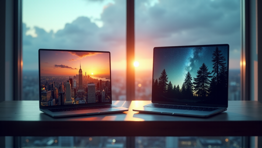 "Two identical silver laptops on a dark wood desk, one displaying a bustling cityscape (public blockchain) and the other a serene forest landscape (private blockchain), with subtle reflections and soft natural light."