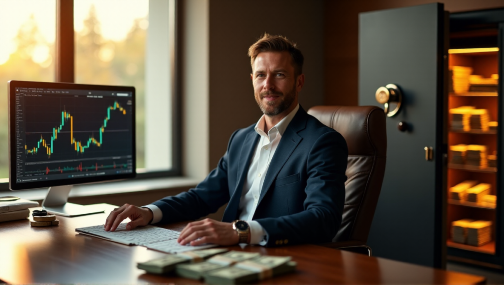 "A successful cryptocurrency investor sits confidently behind a wooden desk, surrounded by financial charts and a safe containing cash and assets, illuminated by warm golden hour sunlight."