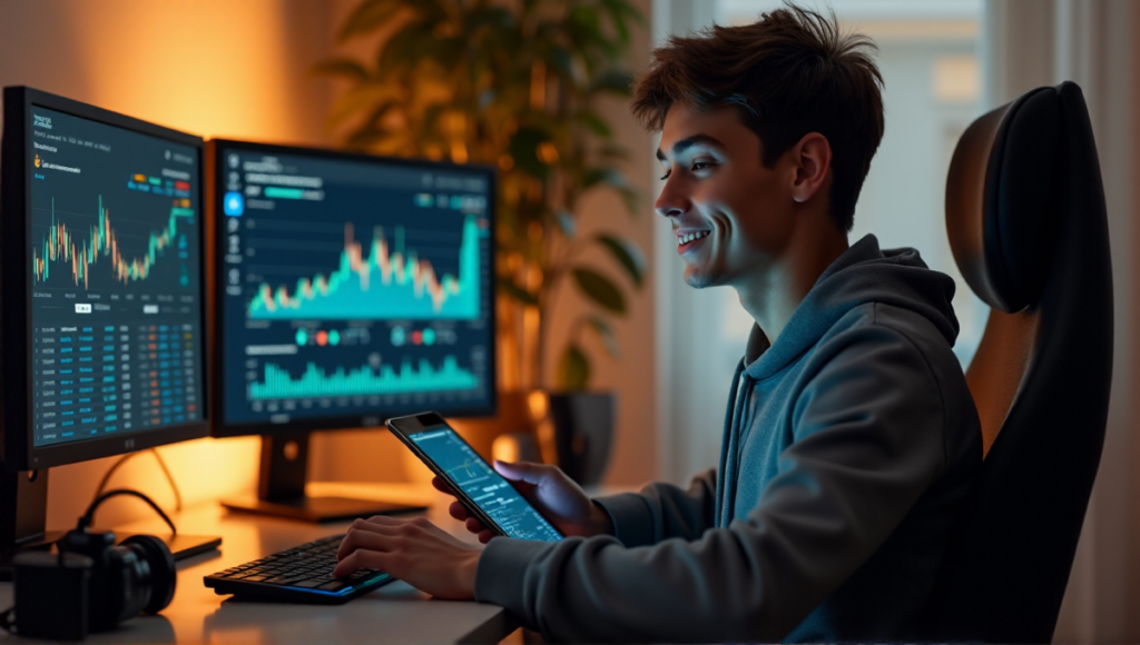 "A young adult sits comfortably in front of a high-tech computer setup, surrounded by cryptocurrency charts and blockchain data on multiple screens, with a tablet displaying their earnings and investment portfolio."