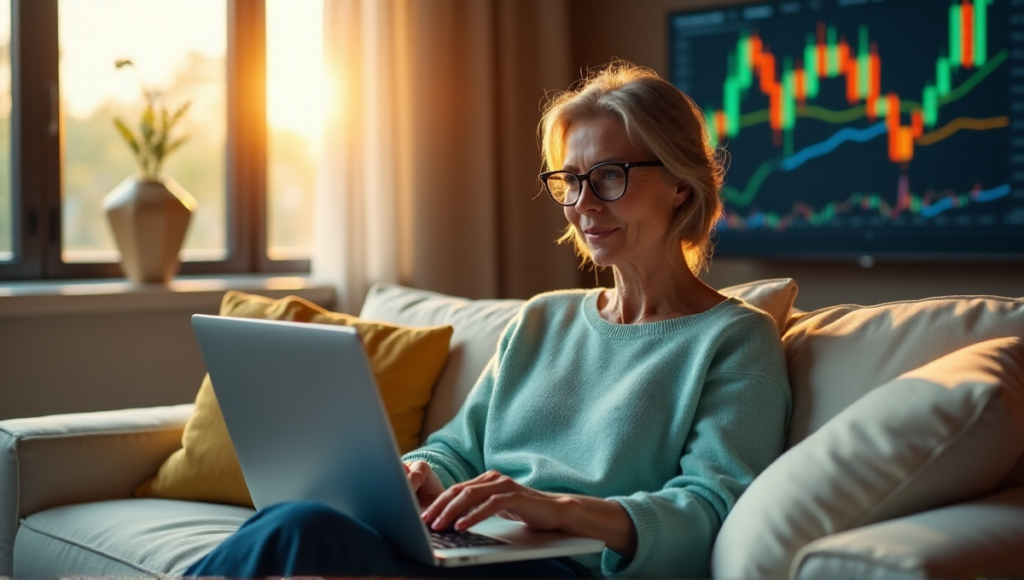 "A middle-aged woman sits comfortably on a cream-colored couch, surrounded by a modern living space, with a cryptocurrency trading platform displayed on her laptop screen, showcasing blockchain-based lending options for passive income returns."