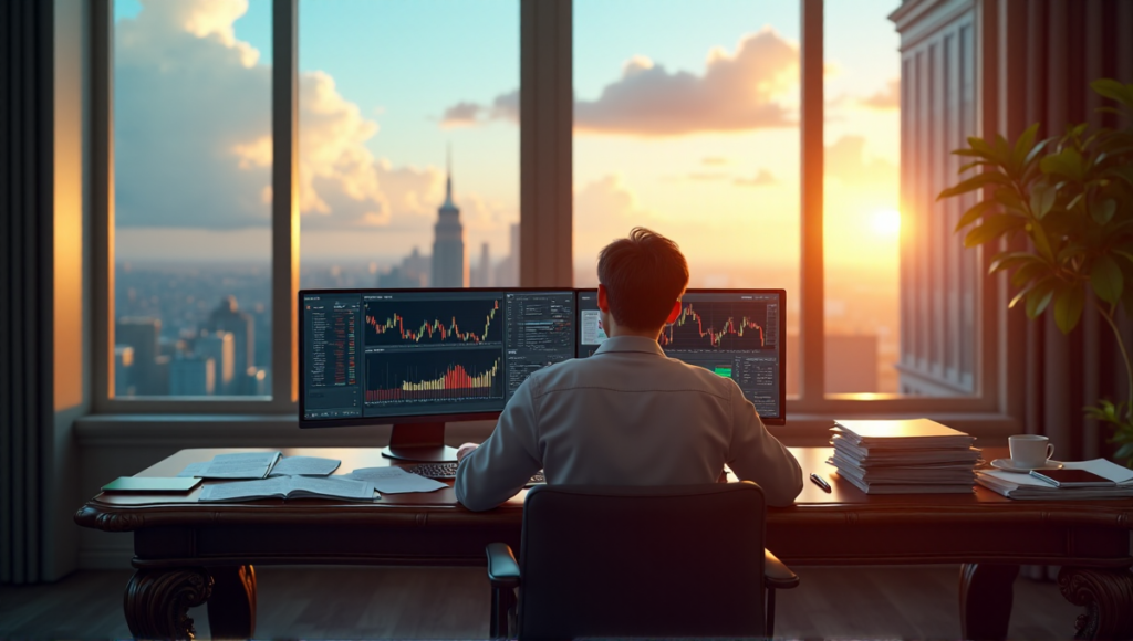 "A person sits at a wooden desk surrounded by financial documents, computer screens displaying cryptocurrency charts and blockchain investment portfolios, with a serene cityscape behind them."