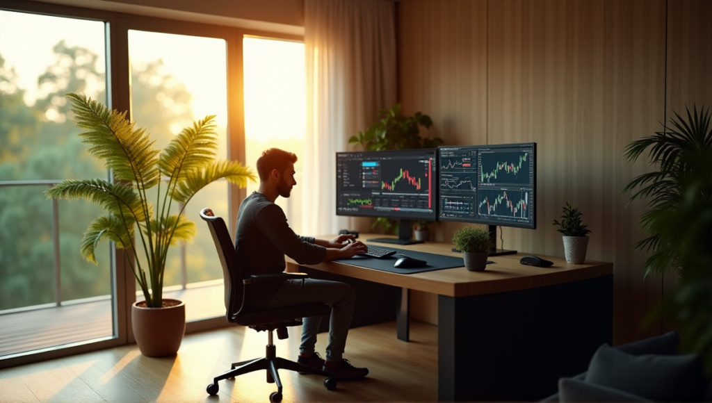 "A young professional sits in a modern home office surrounded by cryptocurrency trading platforms and AI tools on beige-colored walls with wood accents."