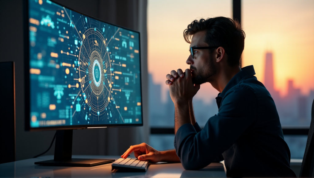 "A person intensely studying a blockchain network diagram on a computer screen in a modern office setting with a blurred cityscape behind them."