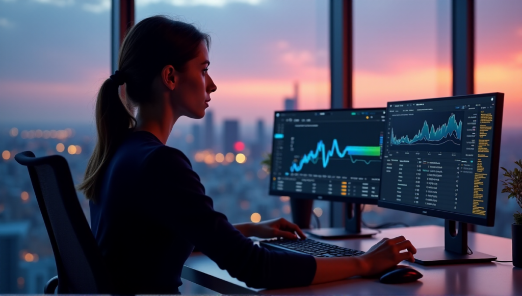 "A young woman sits in front of a high-tech computer setup, focused on blockchain-related data and analytics, with a cityscape visible through floor-to-ceiling windows."