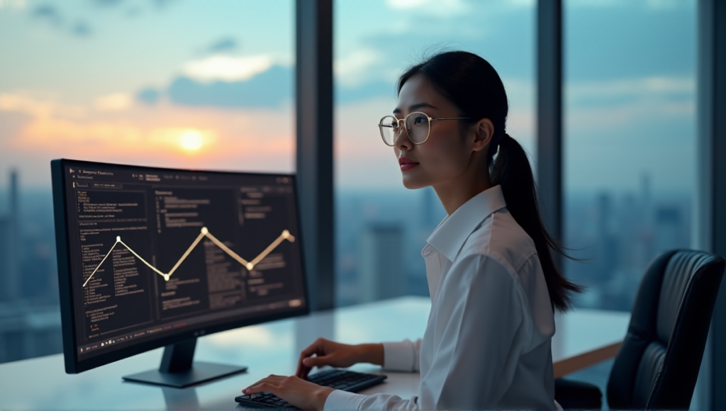 "A young Asian woman sits confidently at a desk in front of a cityscape view, surrounded by blockchain network diagrams on her computer monitor."