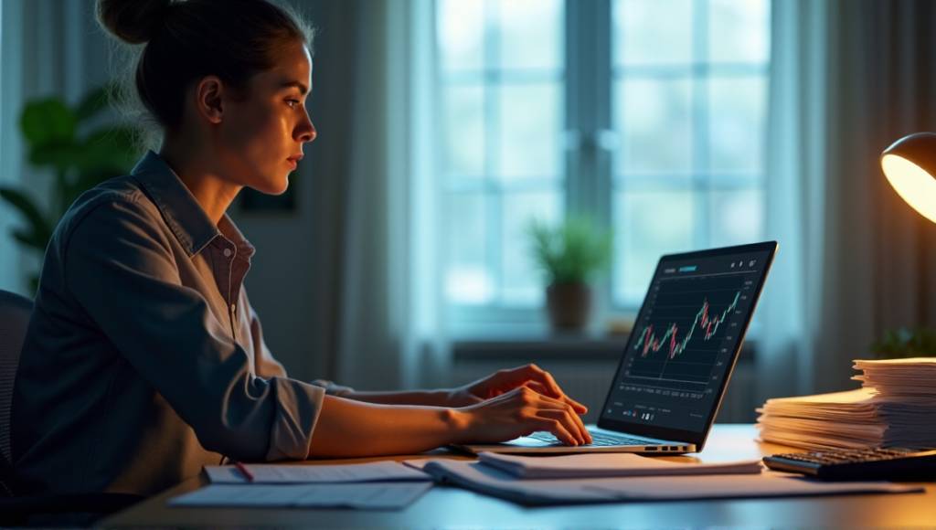 "A person sits at a desk, surrounded by financial documents, contemplating their next move on a cryptocurrency exchange platform displayed on a laptop."