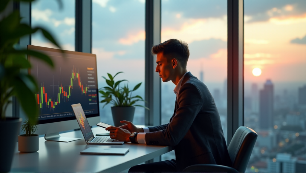 "A young professional sits at a minimalist desk, surrounded by lush greenery and natural light, with a large screen displaying a cryptocurrency market chart and a laptop open to an investment tracking software, showcasing their expertise in blockchain-based investing."