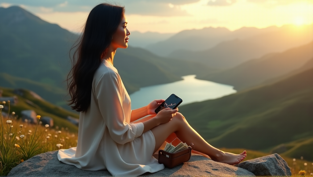 "A serene woman sits on a rocky outcrop overlooking a vast landscape, contemplating her next move amidst wildflowers and weathered stones, symbolizing financial freedom and independence through blockchain technology."