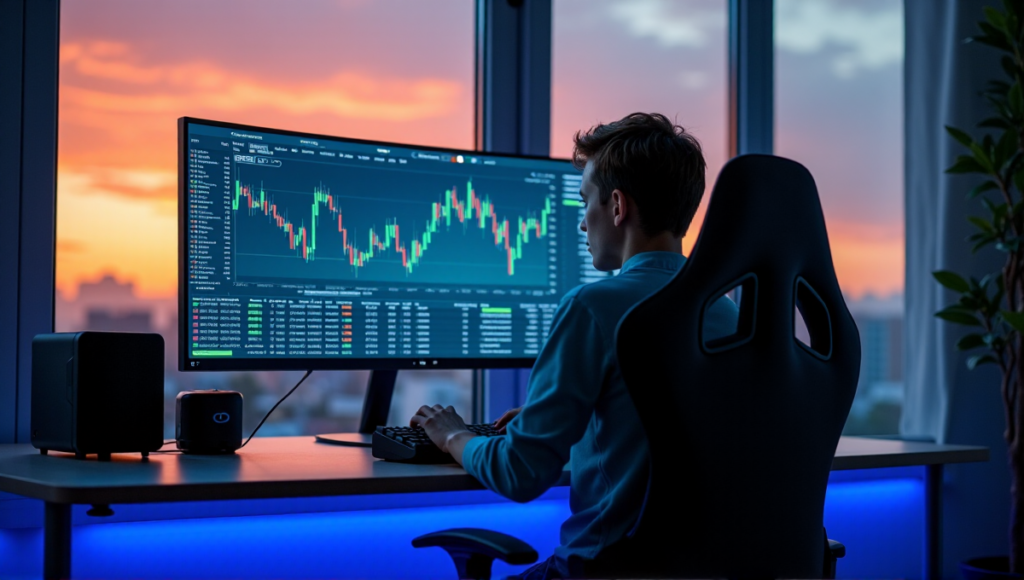 "A young gamer intensely focuses on a cryptocurrency trading platform displayed on a high-resolution gaming monitor, surrounded by a futuristic gaming setup in a dimly lit home office with cityscape views."