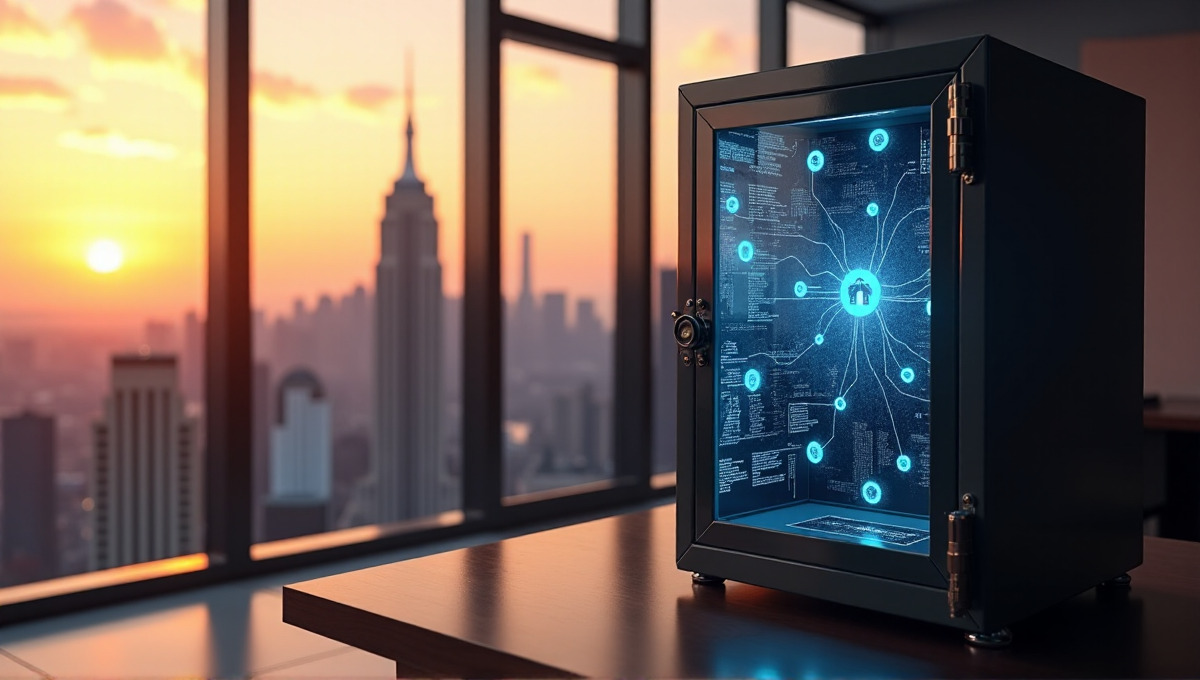 A sleek safe deposit box on a dark wood desk in a minimalist office with cityscape views at sunset, featuring a digital blockchain-inspired pattern display.