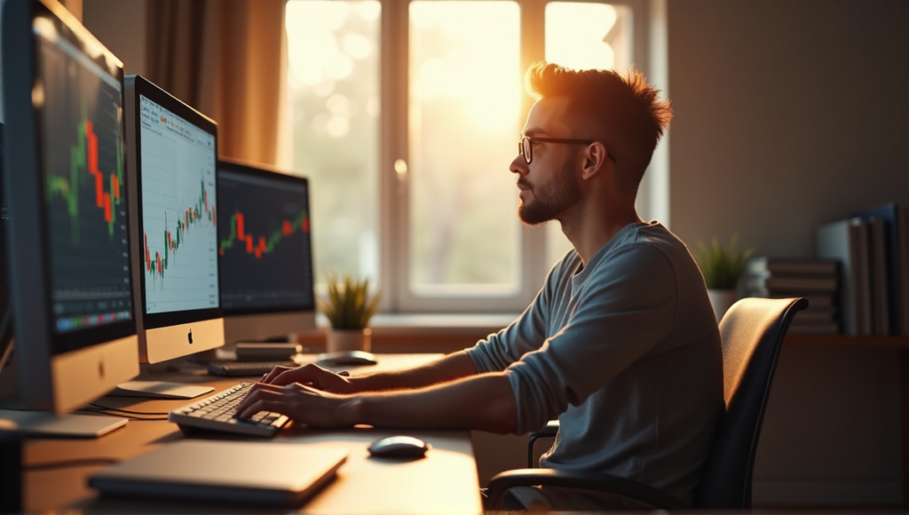 "A person sits at a desk surrounded by cryptocurrency items, books on blockchain technology, and computer screens displaying charts and graphs."
