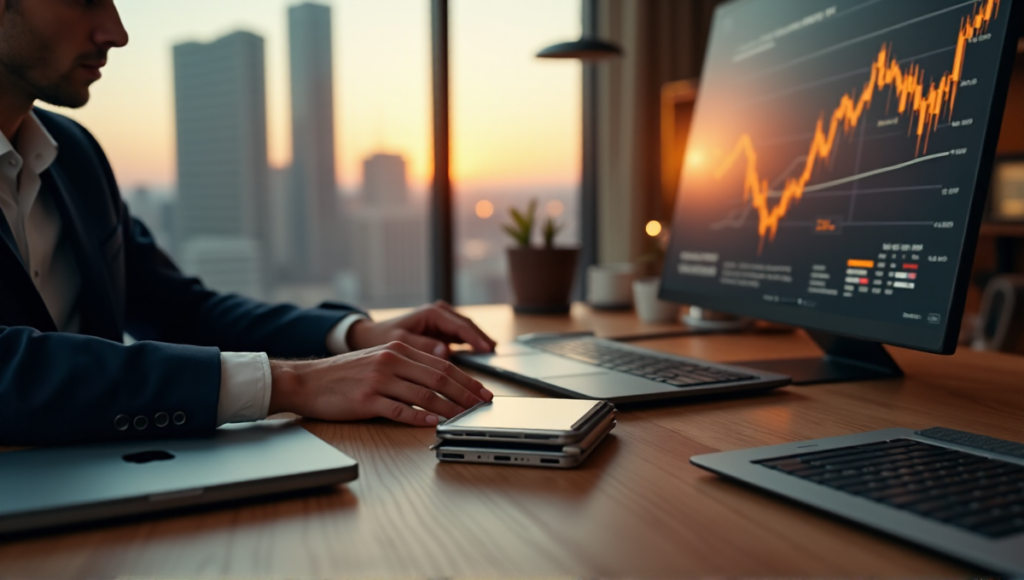"A professional individual sits at a wooden desk, surrounded by cryptocurrency-related items, with a large screen displaying a smart contract investment graph behind them."