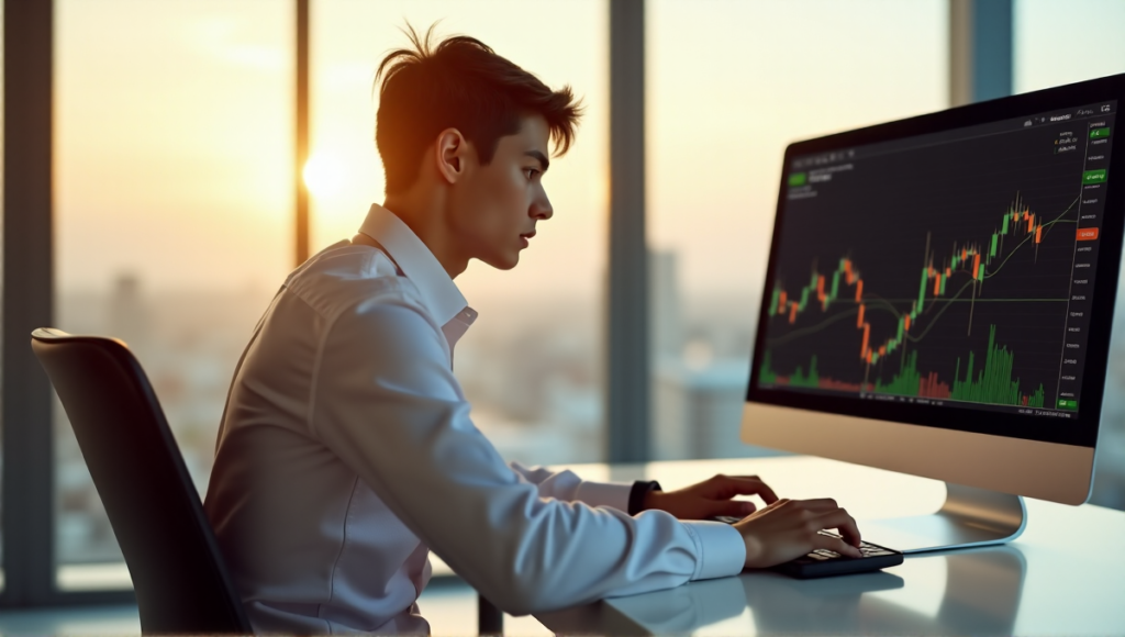 "A young adult sits intently at a desk, poised to make an investment decision on a cryptocurrency trading platform, surrounded by soft natural light and subtle background blur."