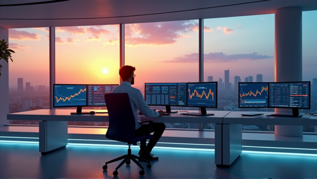 "A serene cryptocurrency trader sits in a modern trading room with glass wall views of a cityscape at sunset, surrounded by blockchain data on high-end computer workstations."