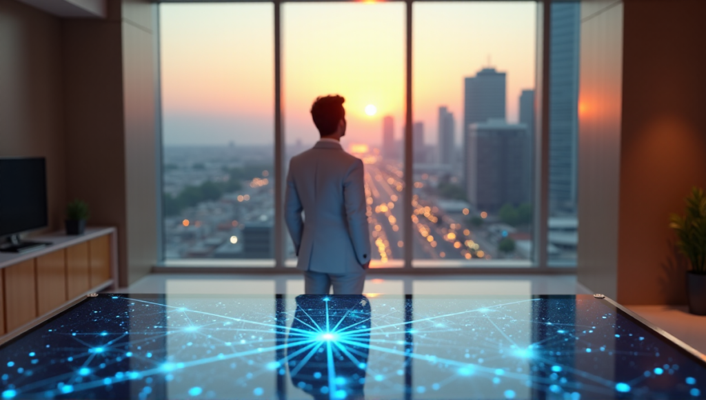 "A young professional stands confidently in a modern real estate office, gazing out at a cityscape with a futuristic tablet displaying a blockchain network diagram in the foreground."