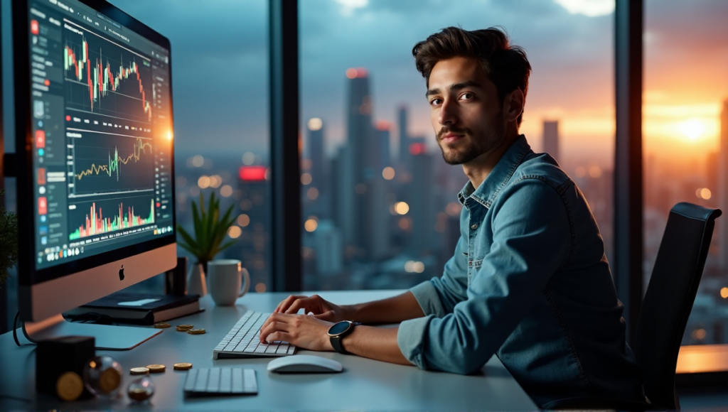 "A young individual sits at a modern desk, focused on a cryptocurrency trading platform with Bitcoin and altcoins nearby, amidst a blurred cityscape."