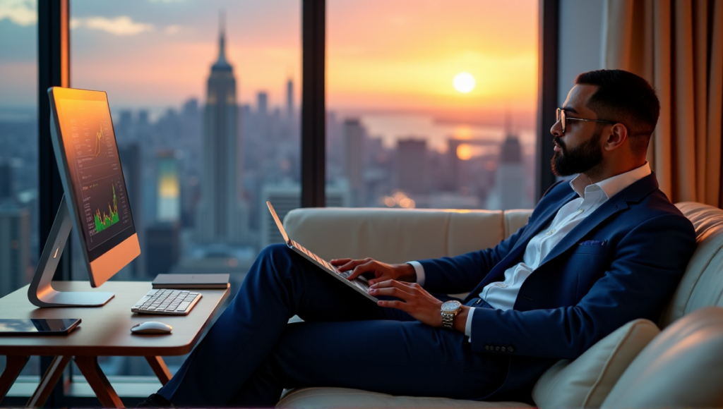 "An affluent individual sits on a leather sofa in a modern home office, engrossed in cryptocurrency charts and graphs on a computer screen, surrounded by laptops and tablets."