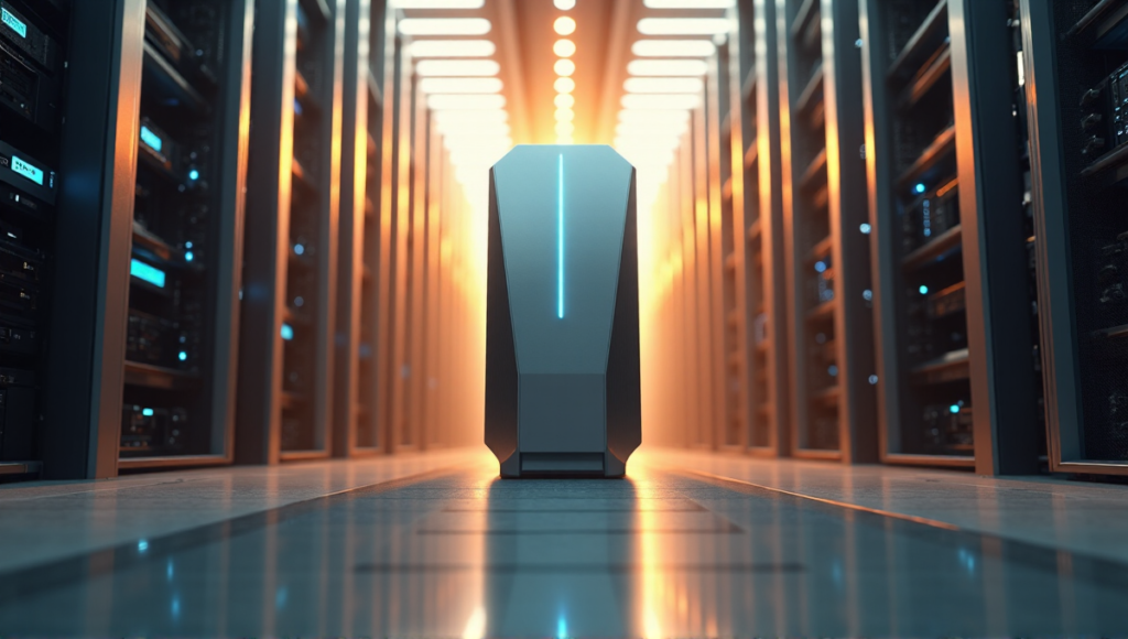 "A large metallic cryptocurrency node stands in a futuristic data center amidst rows of humming servers and high-performance computing equipment."