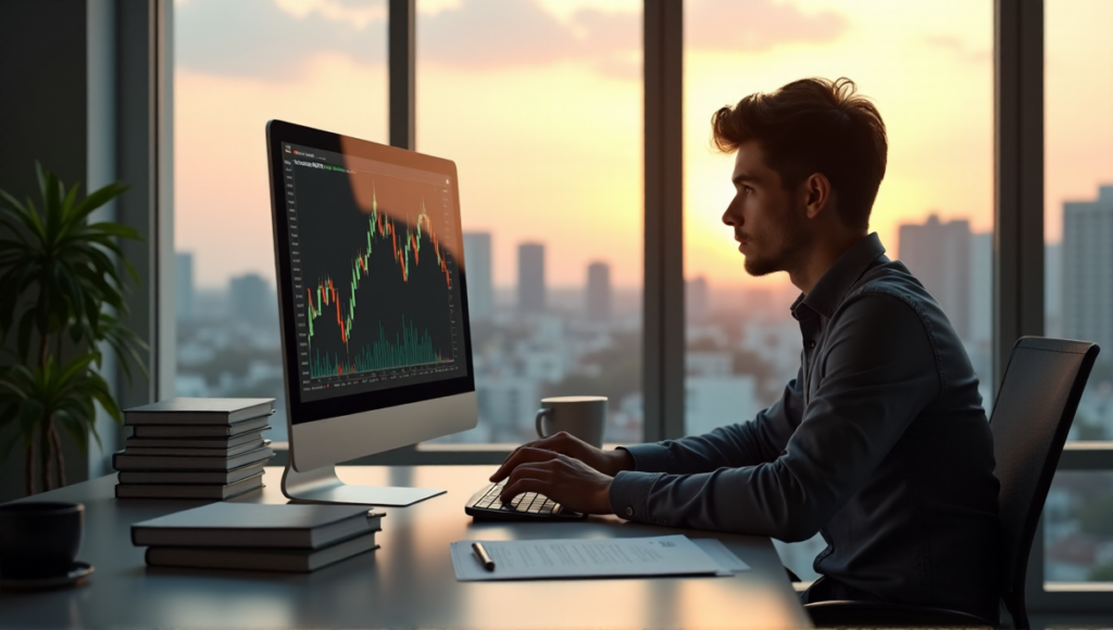 "A young professional sits at a modern desk, focused on a cryptocurrency trading platform, surrounded by financial resources in a minimalist home office with natural light."
