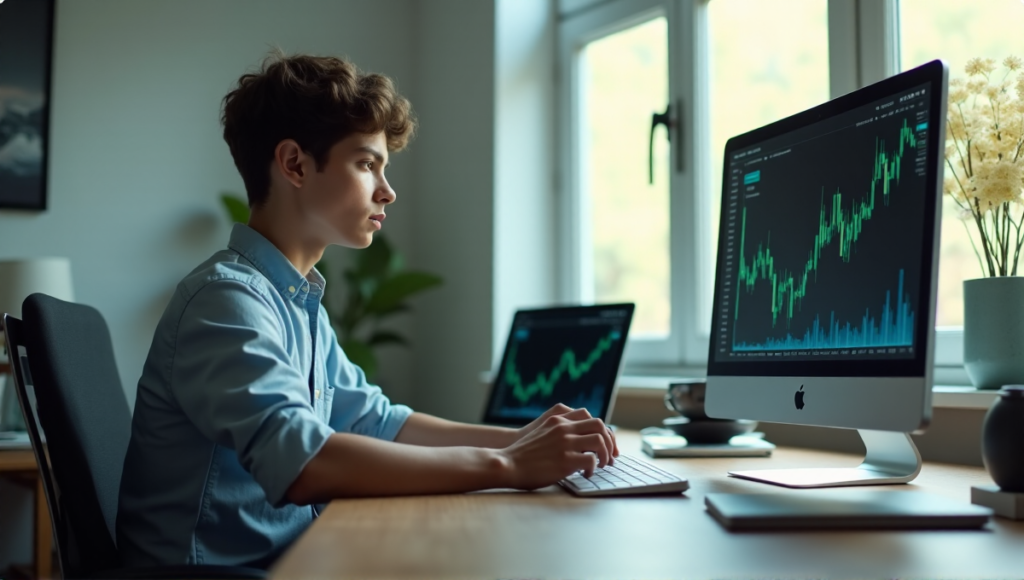 "A young adult sits calmly at a wooden desk, surrounded by cryptocurrency-related items, with hands on a trading terminal and eyes fixed on a graph of fluctuating blockchain prices."