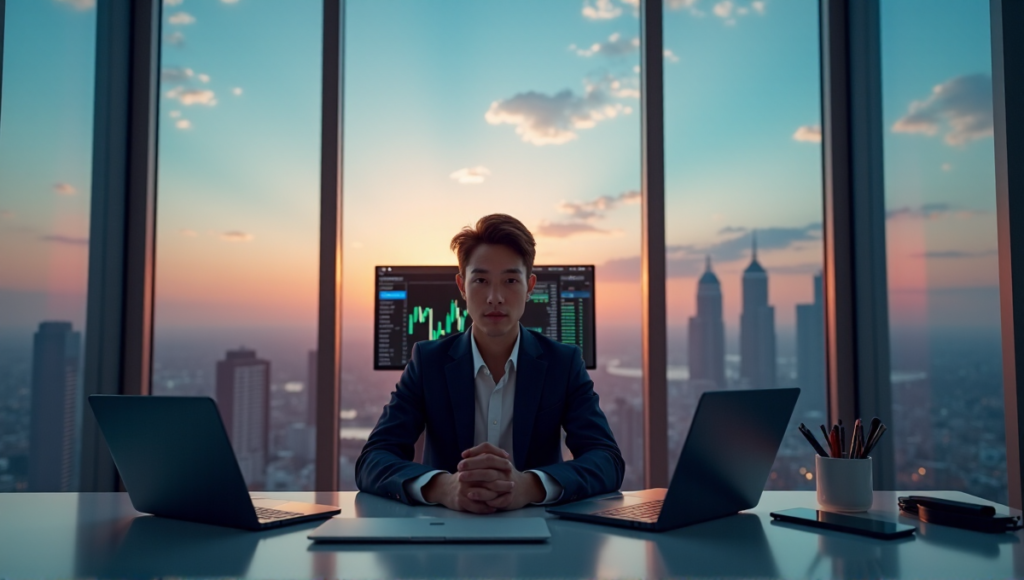 "A young adult sits confidently at a desk, surrounded by financial gadgets and a cityscape view at dusk, conveying confidence in blockchain-based crypto investments."