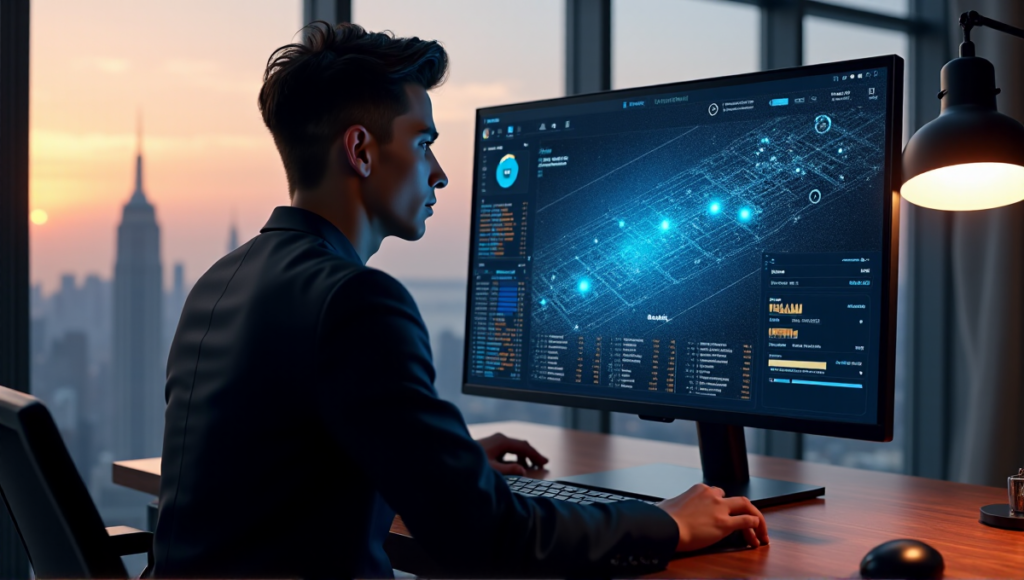 "A young professional sits confidently at a high-end desk, intensely focused on a blockchain network diagram displayed on a large touchscreen monitor, with a cryptocurrency mining rig humming in the background."