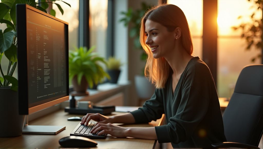 "A person sits comfortably in a modern home office surrounded by greenery, using a Ledger device to navigate staking interface on a large high-definition screen."
