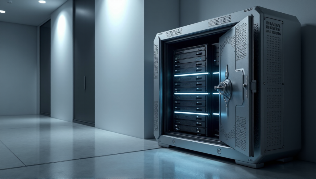 "A sleek, metallic cryptocurrency storage vault in a climate-controlled room, secured with advanced blockchain technology and state-of-the-art computer systems."