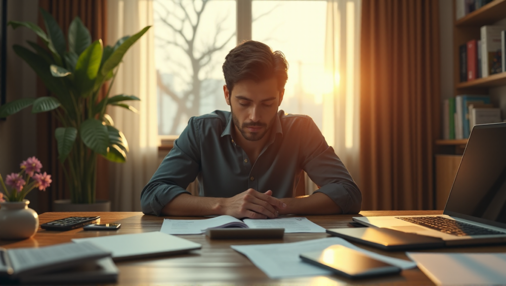 "A serene home office space with a person seated at a wooden desk surrounded by cryptocurrency documents, gadgets, and a silver wallet, bathed in warm natural light."
