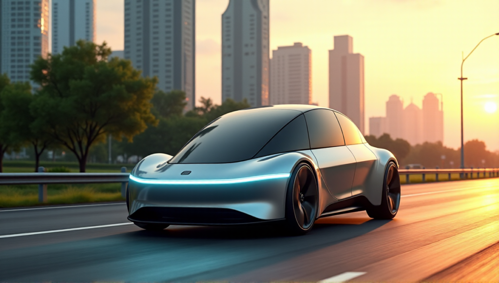 "A sleek silver autonomous vehicle on a futuristic highway surrounded by lush greenery and skyscrapers, illuminated by golden hour sunlight with subtle blockchain-inspired LED accents."