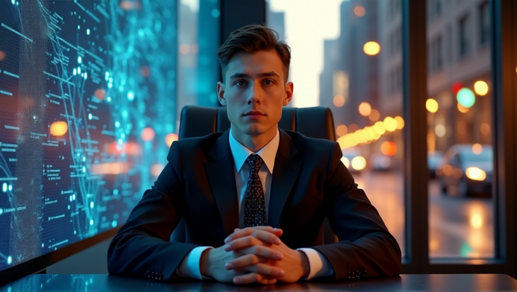 "A young adult confidently sits in front of a digital screen displaying intricate blockchain networks and data streams, with a cityscape background at dusk."