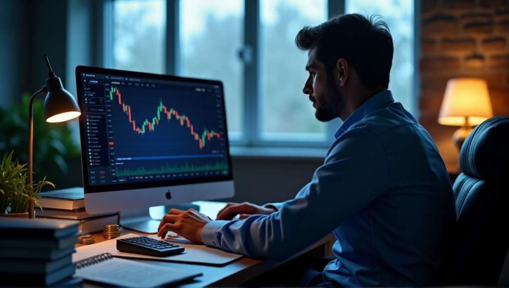"A person sits confidently in front of a cryptocurrency trading platform on a dark blue background, surrounded by financial resources and natural light."