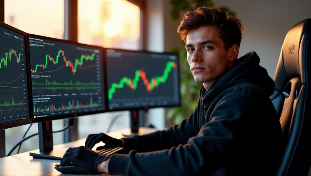 "A young adult sits confidently in front of a high-end gaming computer setup, navigating cryptocurrency market charts and blockchain analytics tools with ease."
