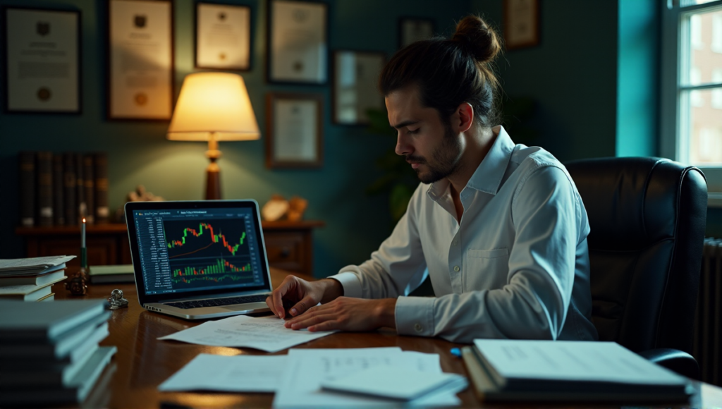 "A person reviews financial documents on a laptop displaying a cryptocurrency trading platform in a dimly lit room with framed certificates and awards."