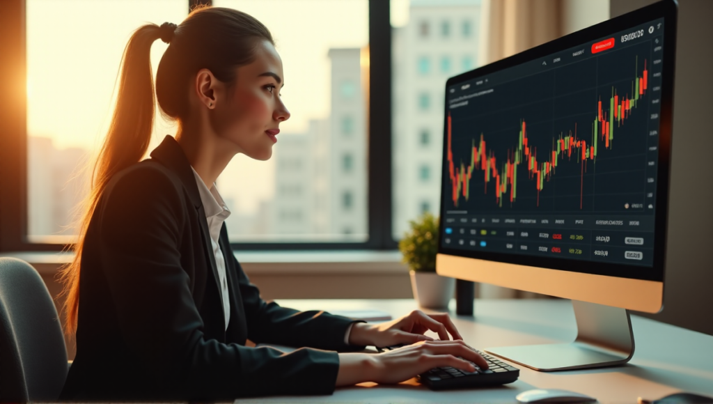 "A young woman sits confidently at a modern desk, poised to trade on her high-resolution computer monitor displaying fluctuating cryptocurrency prices, with a warm sunny background."
