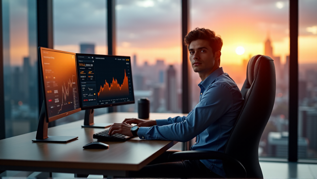 "A young investor sits confidently at a modern desk, surrounded by cryptocurrency exchange platforms and a global market graph on a large screen, with a cityscape view through floor-to-ceiling windows."