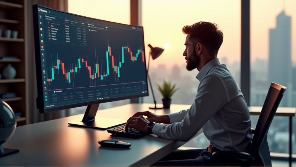 "A person sits at a modern desk, analyzing cryptocurrency market trends on a computer screen displaying a blockchain trading platform, surrounded by financial tools."