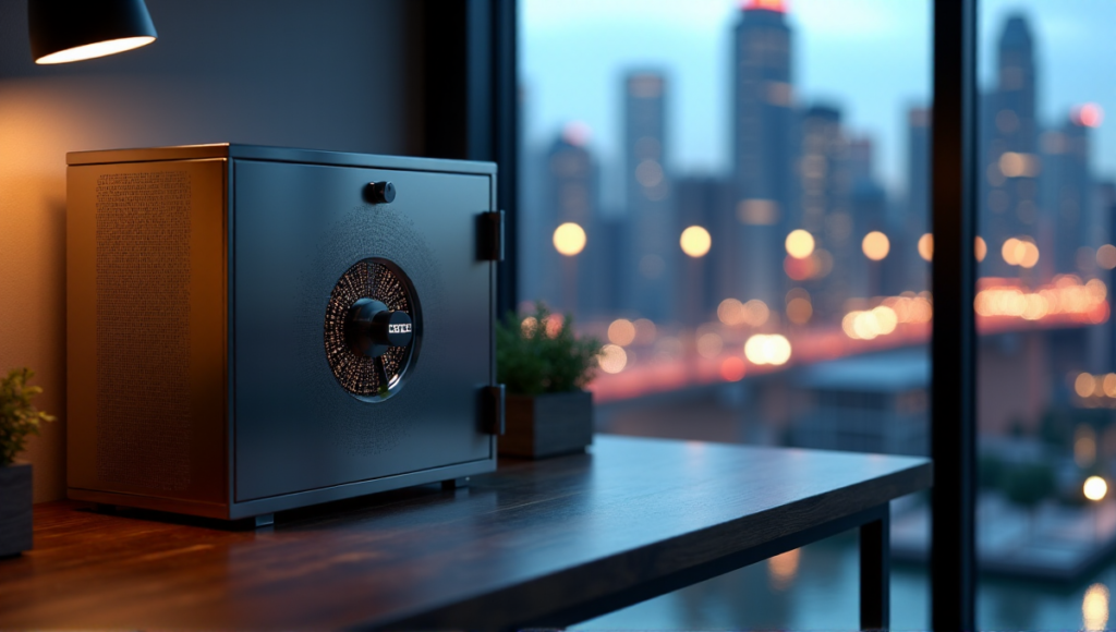 "A sleek stainless steel cryptocurrency safe on a minimalist desk, illuminated by natural light, with intricate laser-cut patterns and a digital display showing encrypted data, set against a serene cityscape at dusk."