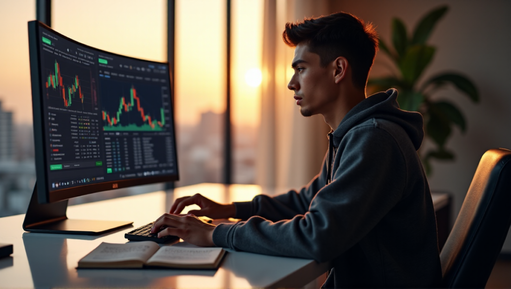 "A young adult sits confidently at a trading desk, studying cryptocurrency charts on multiple screens, with notes and a leather-bound book nearby, surrounded by financial news feeds."