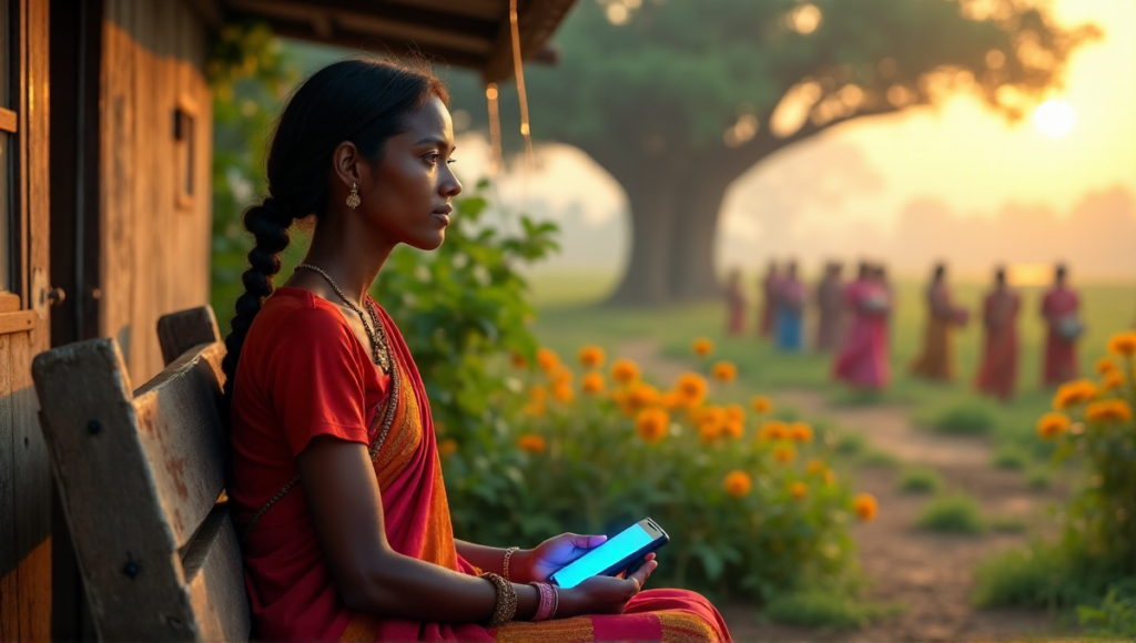 "A young woman sits on a worn bench in front of a microfinance office, surrounded by lush greenery, with a smartphone displaying a blockchain-based mobile wallet app beside her."