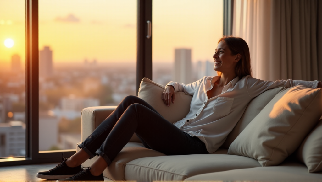 "A person relaxes on a cream-colored couch in a modern living room, gazing out at a cityscape at sunset, surrounded by minimalist decor and warm natural light."