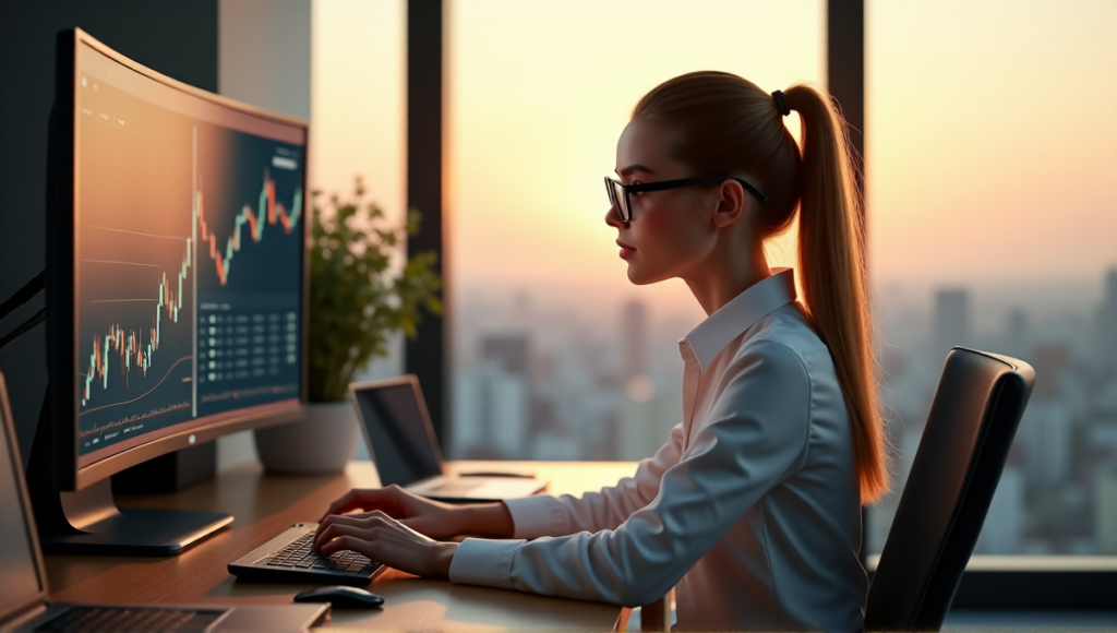 "A young woman confidently navigates DeFi strategies in her high-tech home office, surrounded by blockchain-related devices and financial tools."