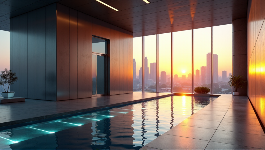 "A futuristic financial hub at sunset featuring a sleek cryptocurrency exchange terminal with metallic exterior and LED lighting accents."