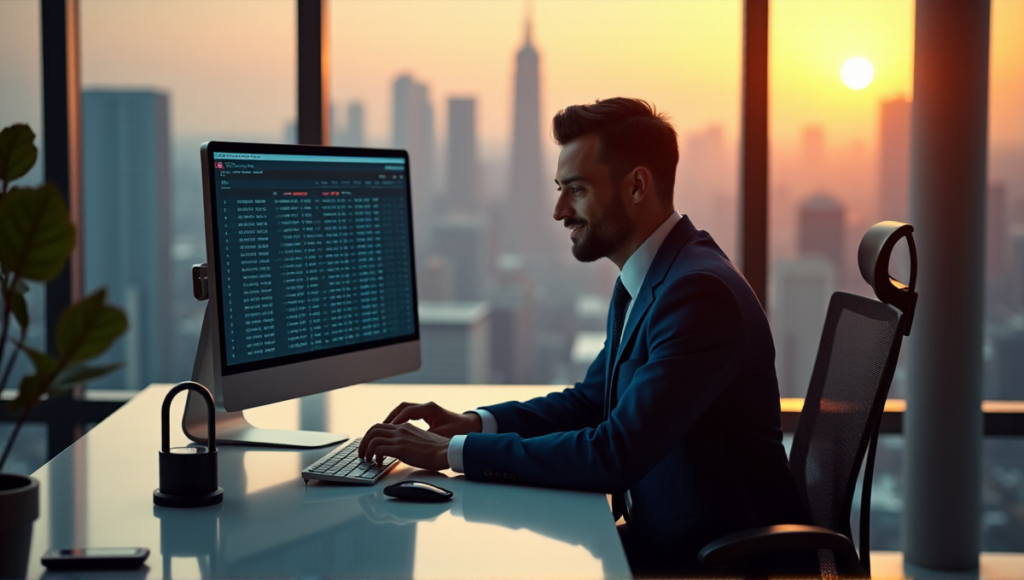 "A blockchain auditor sits confidently at a modern desk, surrounded by high-tech gadgets, focusing on cryptocurrency transaction history displayed on a large computer screen."