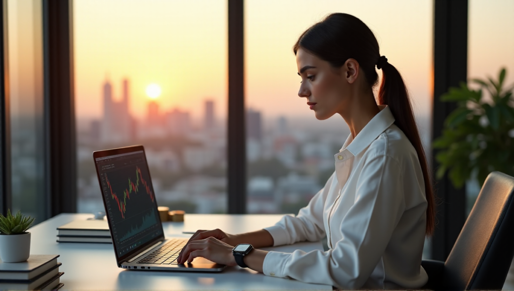 "A young woman sits confidently at a modern desk, surrounded by financial books and cryptocurrency trading platform on her laptop, with a blockchain-inspired smartwatch on her wrist."