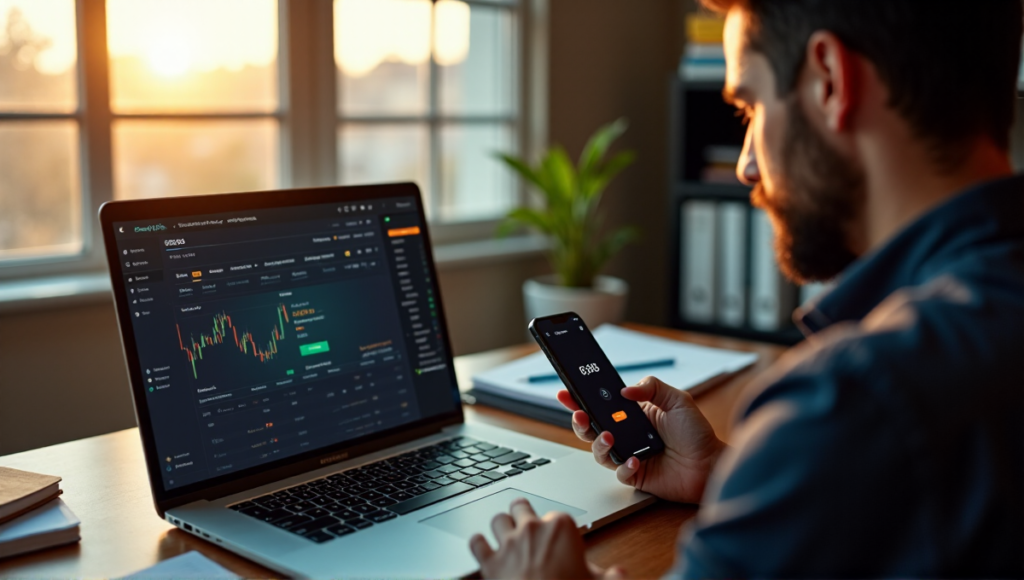 "A person sits at a desk, intensely focused on their phone as they wait for an authenticator code to secure their cryptocurrency storage solution within a blockchain framework."